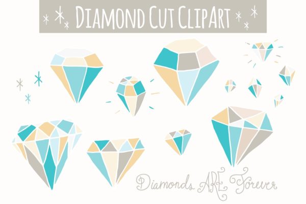 手绘不规则蓝色宝石钻石时尚插画 Blue Diamonds Clip Art &#8211; Vector