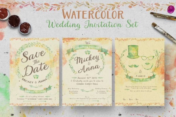 婚礼邀请函水彩插图套装 Watercolor Wedding Invitation