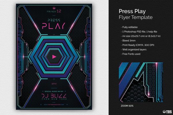 科技感DJ音乐派对海报传单模板 Press Play Flyer PSD