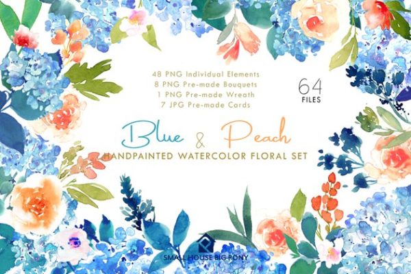蓝色和桃色-水彩花卉元素套装 Blue &amp; Peach- Watercolor Floral Set