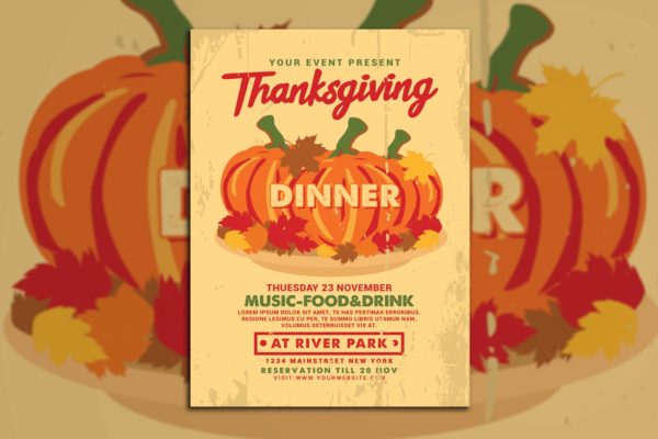 感恩节美食音乐主题活动海报传单模板 Thanksgiving Dinner Flyer