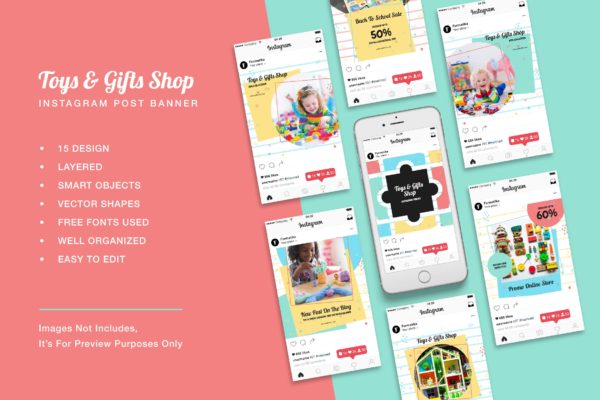 玩具及礼品店Instagram广告贴图设计模板16素材网精选 Toys &amp; Gift Shop Instagram Post Banner