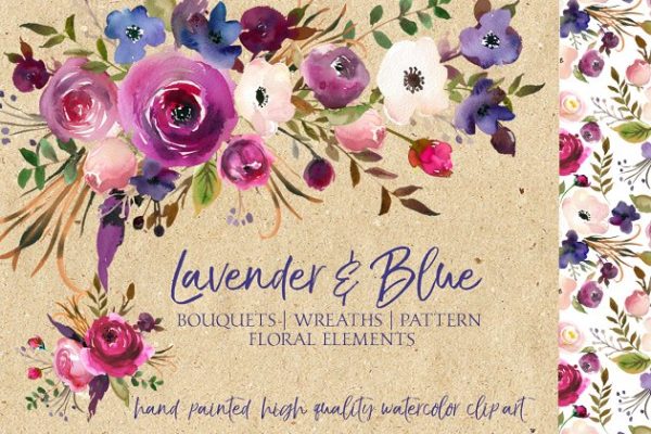 薰衣草色与蓝色水彩花卉剪贴画 Lavender &amp; Blue Watercolor Flowers