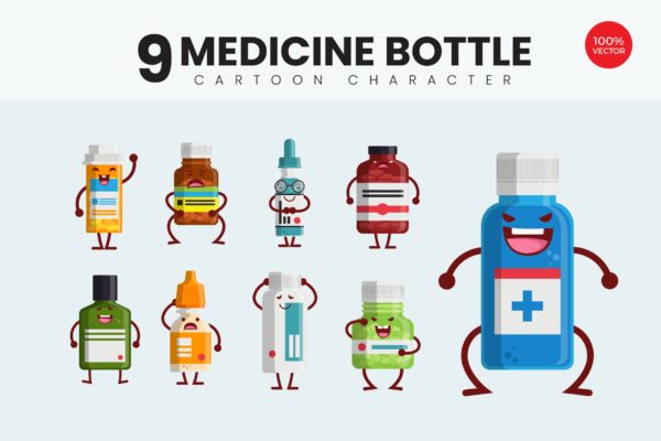 9个药瓶可爱卡通形象矢量插画 9 Cute Medicine Bottle Vector Illustration