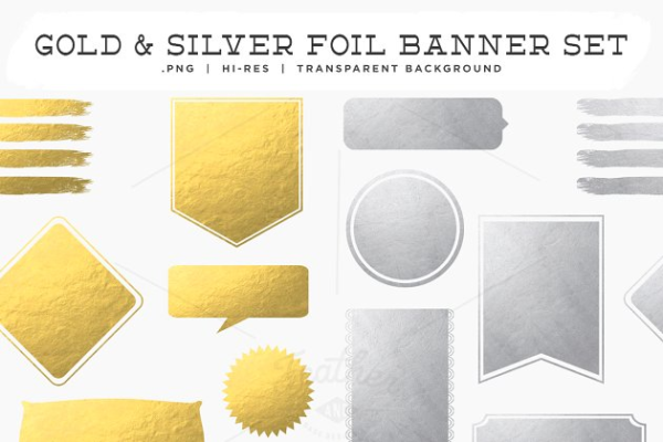 金银箔PNG横幅背景素材  Gold &#038; Silver Foil PNG Banners