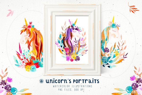 创意独角兽动物肖像水彩插画 Unicorn&#8217;s Portraits