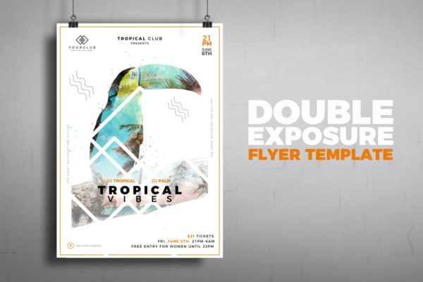 热带主题双重曝光海报设计模板 Tro