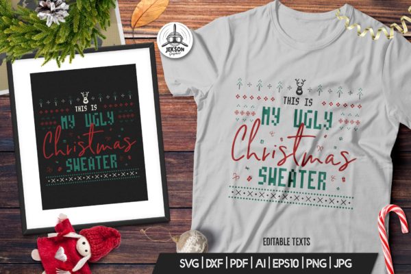 复古风格圣诞主题T恤印花图案设计素材 Retro Ugly Christmas Print TShirt Design with Deer