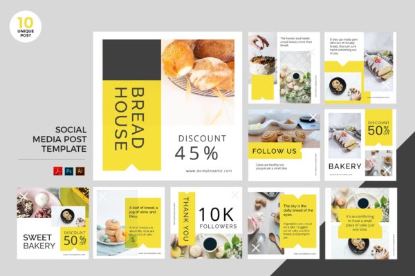 面包店/面包品牌社交媒体广告设计PSD&amp;AI模板16设计网精选 Bakery Social Media Kit PSD &amp; AI Template