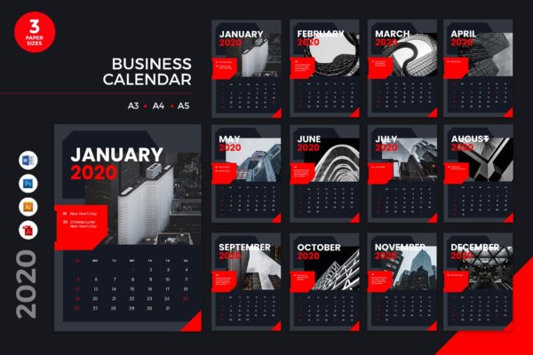 商务风格企业定制2020年日历设计模板 Business Calendar 2020 Calendar &#8211; AI, DOC, PSD