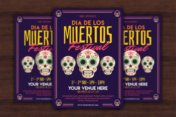 墨西哥亡灵节庆祝活动海报传单素材天下精选PSD模板 Dia de los Muertos Flyer