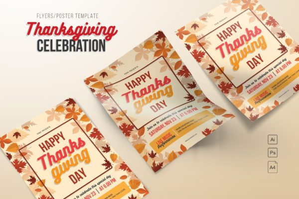 手绘枫叶装饰设计风格感恩节主题海报传单模板 Happy Thanksgiving Day Flyers