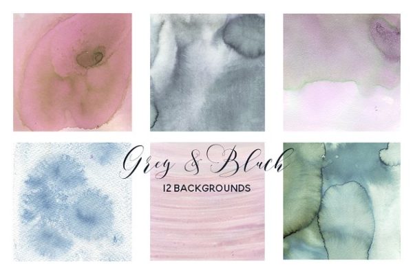 灰色和粉红水彩洗水效果背景纹理 Grey &amp; Blush Pink Watercolor Washes.
