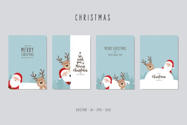 圣诞老人/驯鹿矢量圣诞节贺卡设计模板v1 Christmas Santa Claus and Reindeer Vector Card Set