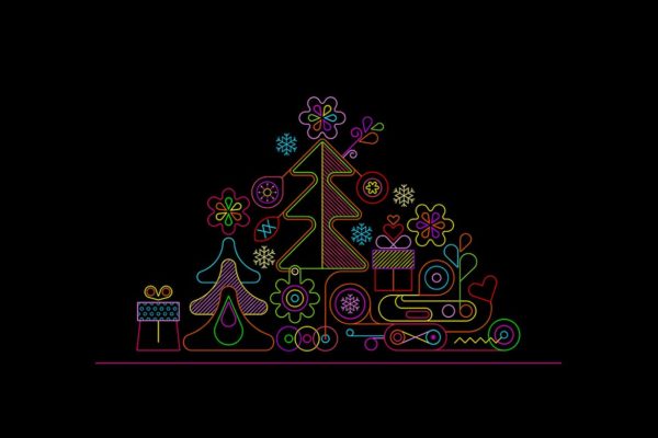 霓虹灯圣诞树线条艺术矢量插画素材 Christmas Tree Neon Design + 2 line art options