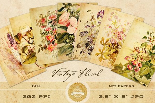 古典花卉艺术贴纸纸张 Vintage Floral Art Papers