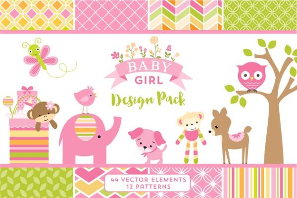 女童主题风格设计元素&amp;背景纹理 Baby Girl Graphics &amp; Patterns