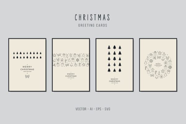 圣诞树&#038;圣诞节元素手绘图案圣诞节贺卡矢量设计模板 Christmas Greeting Vector Card Set