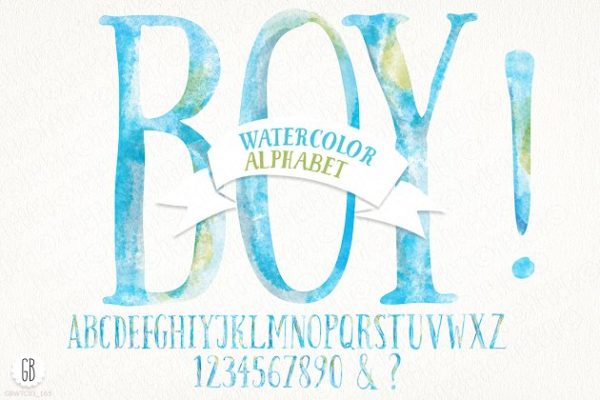手绘的天空蓝色水彩字母 Watercolor baby boy alphabet