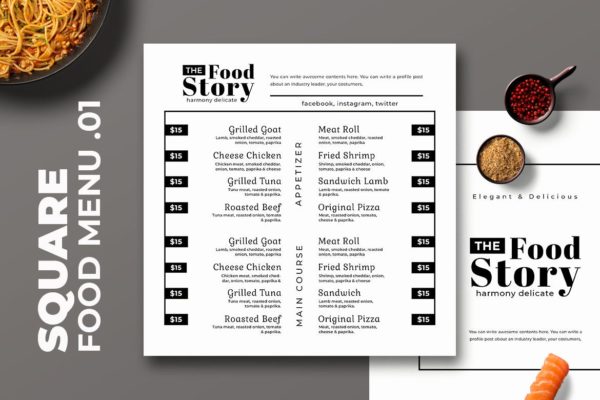 黑白配色西餐16设计网精选菜单模板v01 Square Food Menu. 01