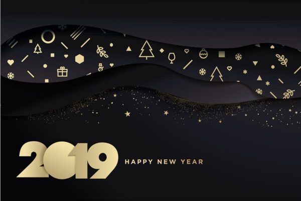2019年新年闪耀图案山脉背景贺卡设计模板 Business Happy New Year 2019 Greeting Card