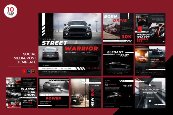 汽车品牌营销社交媒体设计素材包 Car Automotive Social Media Kit PSD &amp; AI Template