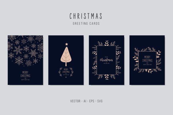 雪花&#038;植物手绘图案圣诞节贺卡矢量设计模板集v1 Christmas Greeting Vector Card Set
