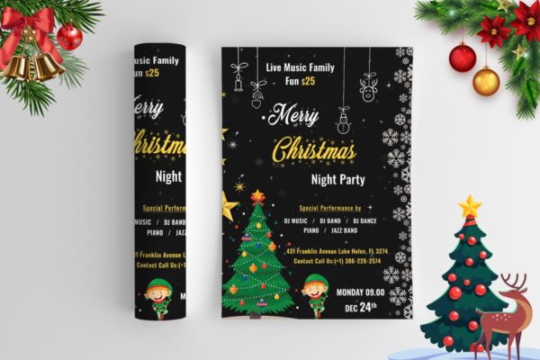 圣诞节晚会活动海报设计模板 Christmas Night Party &#8211; Flyer