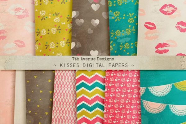 浪漫爱情主题纸张印花图案设计素材 Kisses Digital Papers