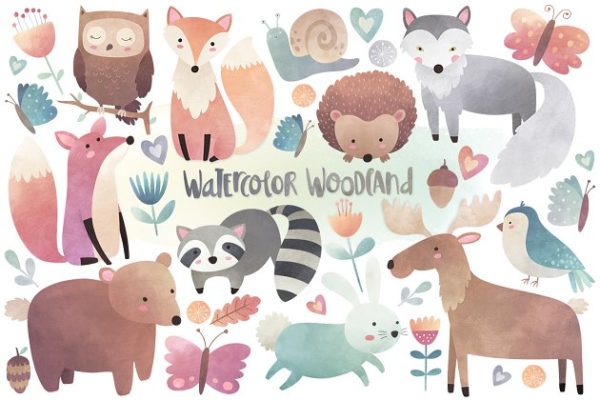 水彩林地动物剪贴画 Watercolor Woodland Animals Clipart