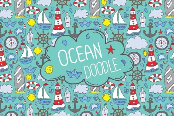 海洋元素涂鸦图案无缝纹理 Doodle ocean seamless patterns