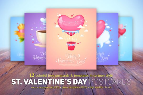 卡通设计风格情人节贺卡模板合集 St. Valentine&#8217;s Day Cards Templates