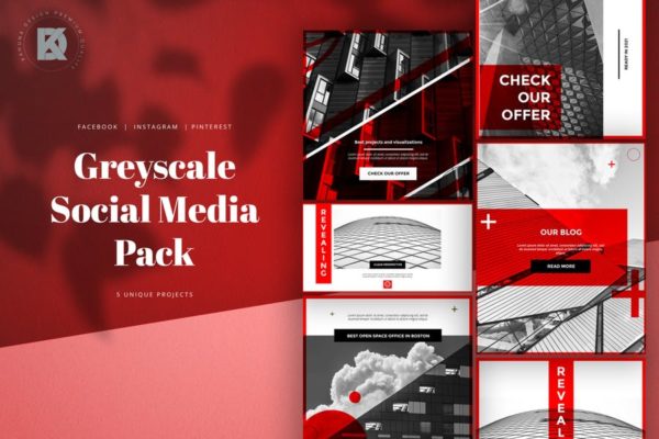 灰度红创意社交媒体素材中国精选广告模板素材 Greyscale Red Social Media Pack