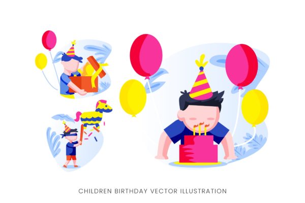 儿童生日派对人物形象普贤居精选手绘插画矢量素材 Children Birthday Party Vector Character Set