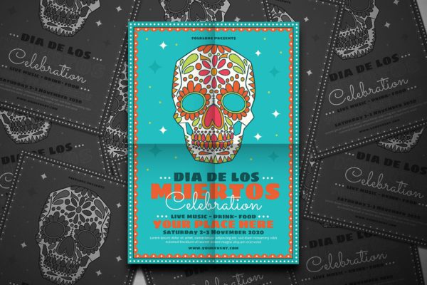 墨西哥亡灵节现场音乐会表演宣传海报设计模板 Dia De Los Muertos Festival
