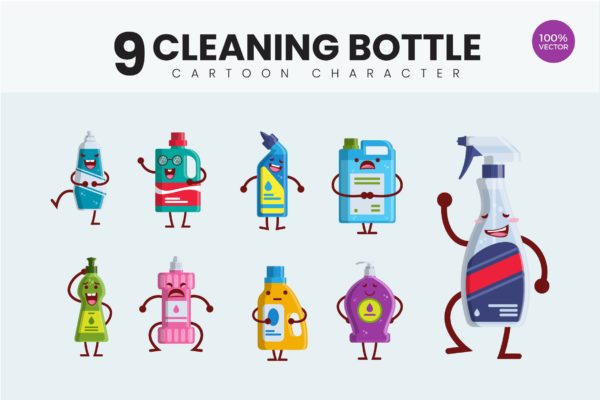 9个清洁瓶清洁工具可爱卡通形象矢量插画 9 Cute Cleaning Bottle Vector Illustration