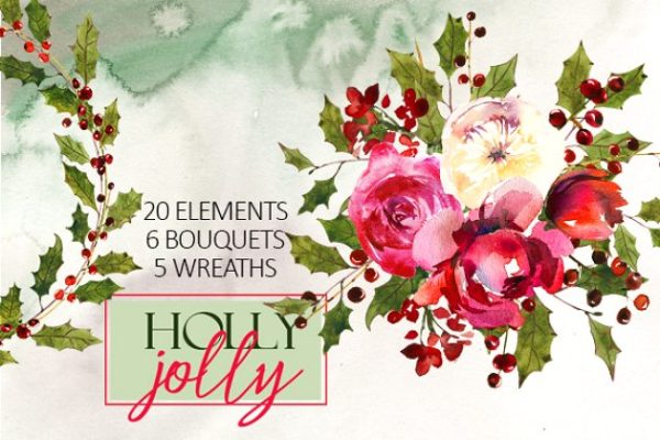 圣诞水彩剪辑集（一堆圣诞元素） Holly Steams Christmas Watercolors