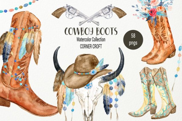 西部牛仔文化靴子&amp;配件水彩插画合集 Watercolor Cowboy Boots And Accessory collection