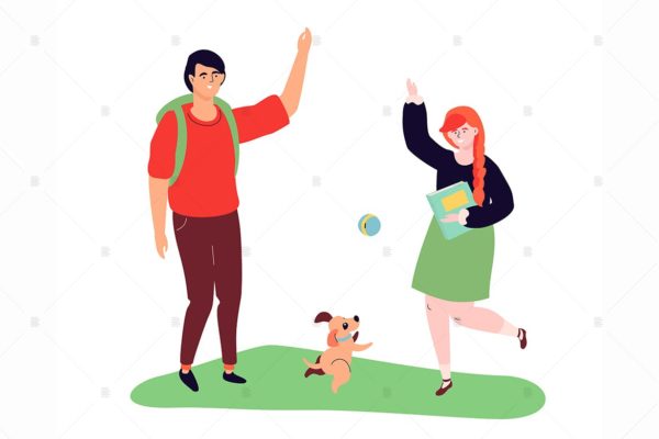 遛狗之人主题扁平设计风格矢量插画素材中国精选 Teenagers playing with a dog &#8211; flat illustration