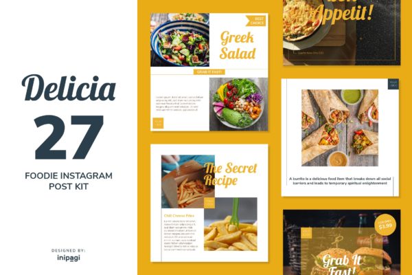 西餐美食品牌Instagram社交推广设计素材 DELICIA &#8211; Instagram Post Kit