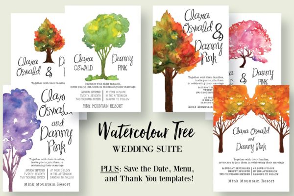 水彩树木婚礼邀请函模板套装 Watercolour Tree Wedding Suite 2.0