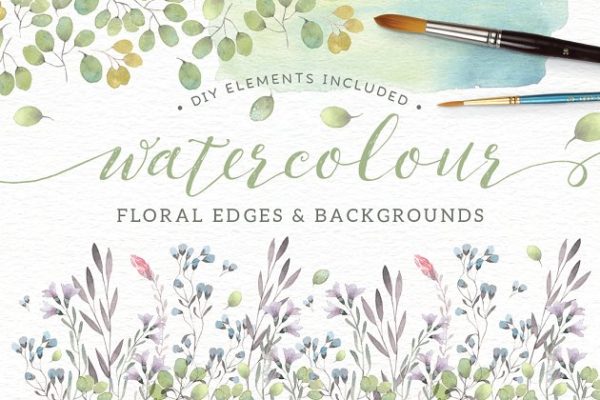 水彩花卉边界装饰插画元素 Watercolor floral borders