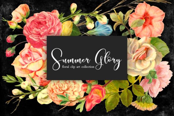 复古盛夏花卉主题素材合集 Floral Clip Art &#8211; Summer Glory