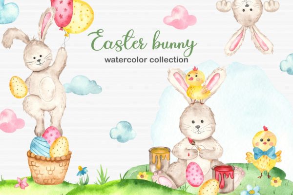 复活节兔子水彩手绘素材套装 Water