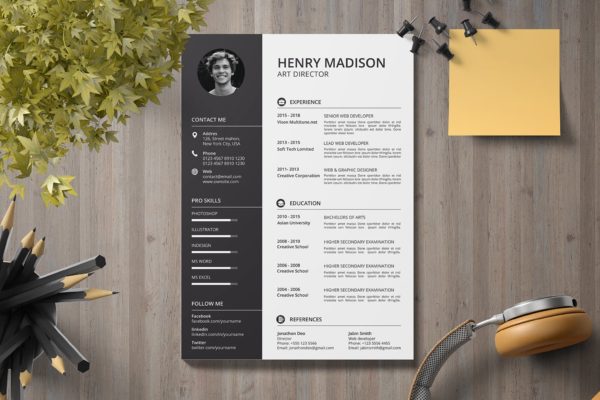 黑白配色两列式个人简历表设计模板 CV Resume