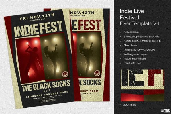独立音乐节派对传单PSD模板v4 Indie Live Festival Flyer PSD V4
