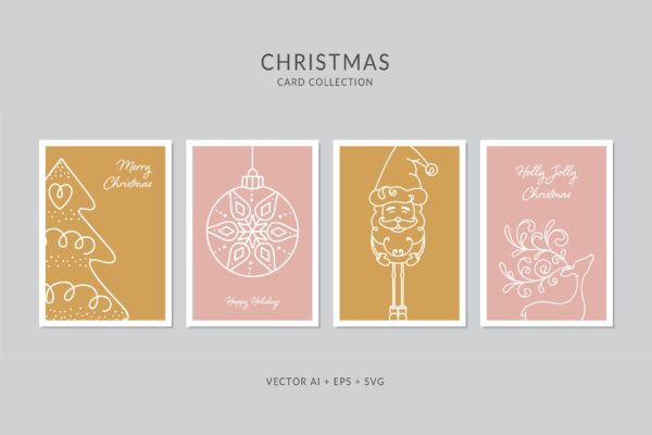 简笔画圣诞节元素手绘图案圣诞节贺卡模板 Christmas Greeting Card Vector Set