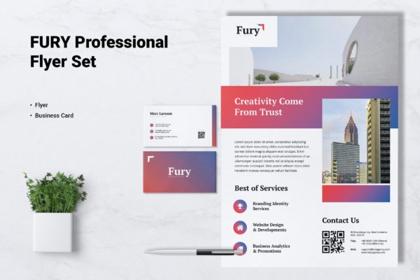 创意代理公司宣传单&amp;企业名片设计模板 FURY Creative Agency Flyer &amp; Business Card