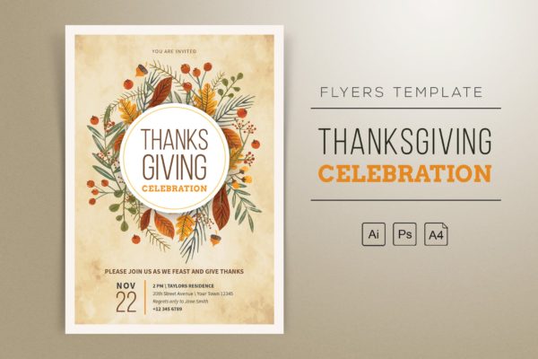 手绘花卉装饰设计风格感恩节主题海报传单模板 Thanksgiving Flyers 2018