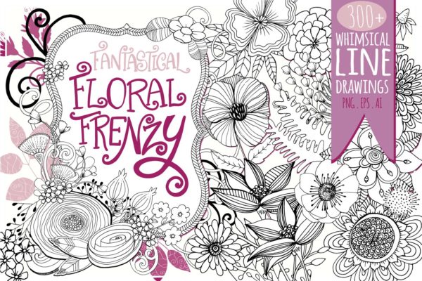 花卉艺术线条及花环素材 Flower Line Art &amp; Floral Wreaths